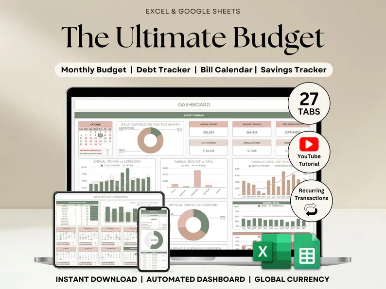 Ultimate Budget Spreadsheet – Track Monthly Bills & Debts | Excel & Google Sheets Template